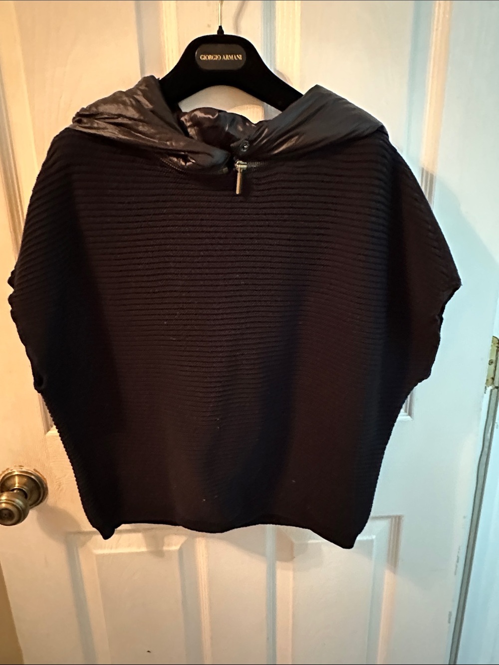 Giorgio Armani Black Ribbed Hoodie Sweater with Zip Neck